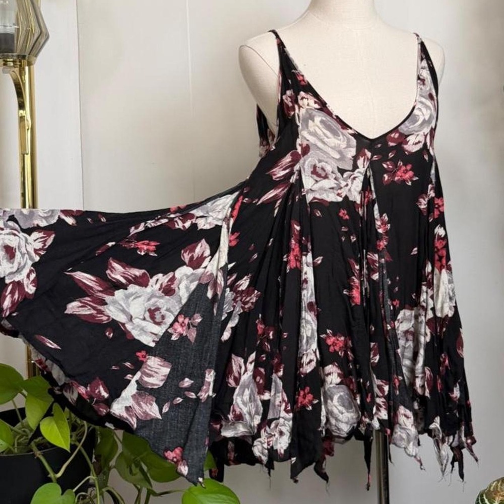 Free People Intimately Floral Cami Mini Dress Black Red Asymmetrical Hem Medium